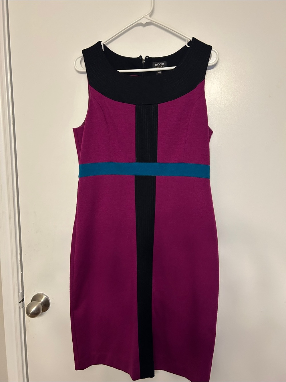 Nicole Miller Magenta Sheath Dress with Black Trim and Teal Waistband Size 10